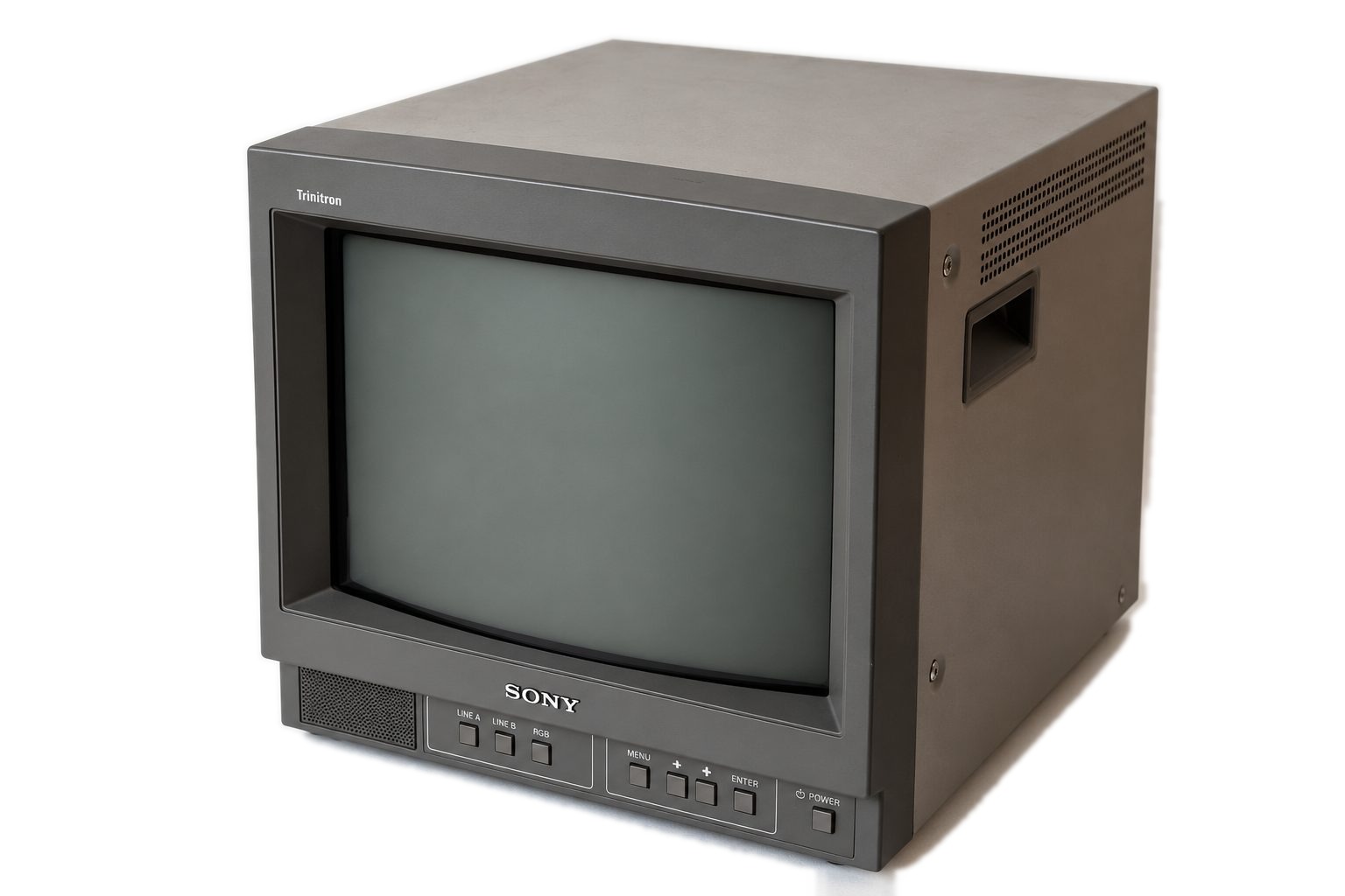 Monitor Sony Trinitron CRT de 14 pulgadas, vista frontal, con botones LINE A, LINE B, RGB y menú