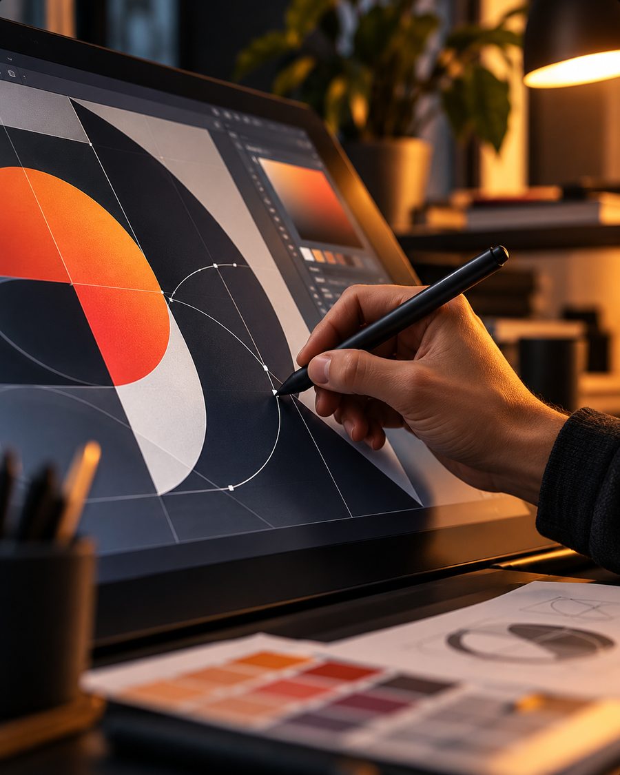 Designer drawing a geometric vector shape on a graphics tablet, with colour swatches on the desk