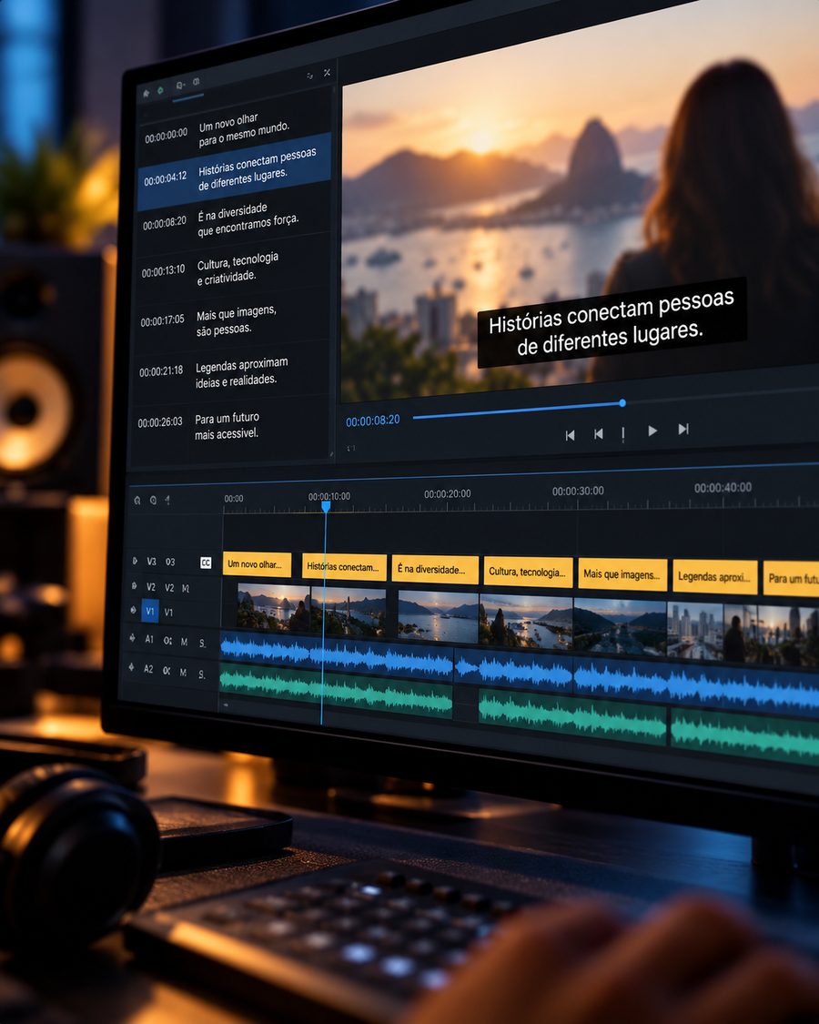 Subtitle editor with a subtitle list, a video preview and a timeline with audio tracks